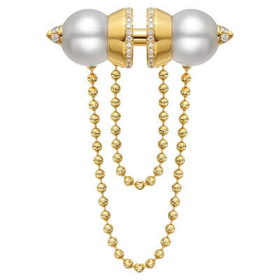 LynnHaven麟玟 SKY双子星 18K金Akoya海水珍珠胸针K黄满钻胸饰