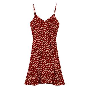 弥古红色碎花连衣裙小个子沙滩裙法式度假吊带裙女夏雪纺海边裙子