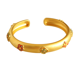 金声情艺 足金999珐琅彩描金宝相花黄金手镯国风手环送女友礼物