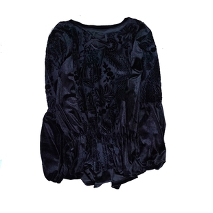 复古烧花拼接金丝绒t恤长袖宽松丝绒黑色上衣女欧货灯笼袖打底衫