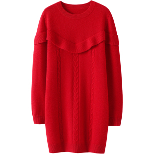 闪耀绽放!中长款100%羊绒衫女纯羊绒毛衣秋冬季荷叶边连衣裙加厚