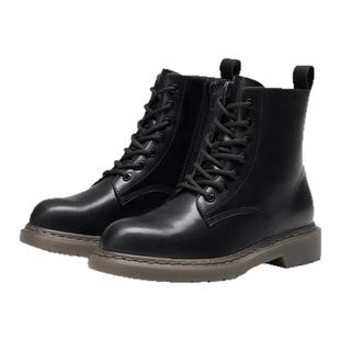 接吻猫秋季新款经典百搭短靴轻便气质真皮加绒系带马丁靴女