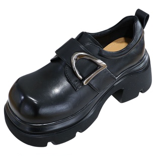 诗路花语女鞋2026春欧版厚底乐福鞋皮带扣魔术贴增高单鞋78-9077