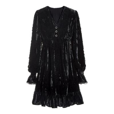 FIVE PLUS显瘦连衣裙女复古喇叭袖高腰小黑裙子长袖V领收腰裙子