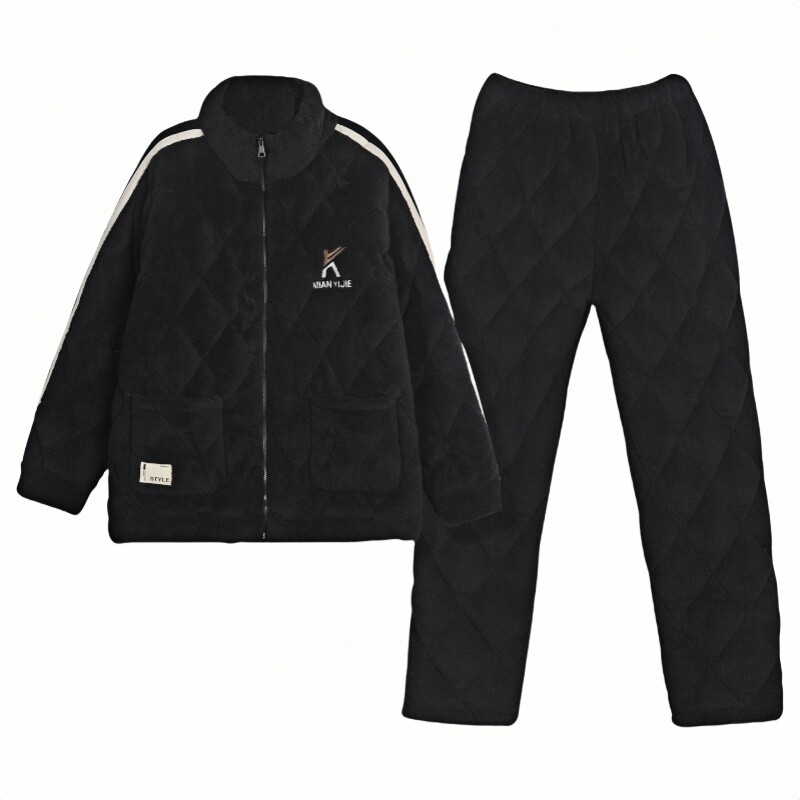 男珊瑚绒夹棉三层加厚家居服保暖