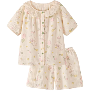 乳垫开衫纯棉双层棉婴儿棉纱布睡衣短袖短裤女秋夏透气全棉女套装