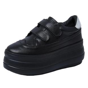 黑色真皮懒人秋季单鞋女新款厚底增高8CM魔术贴休闲松糕棉鞋百搭