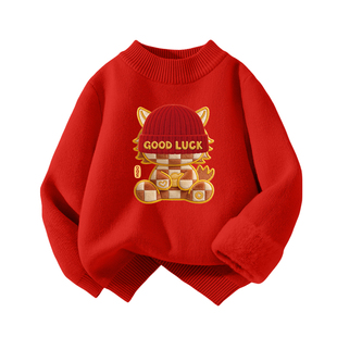 拉夏贝尔女童毛衣2026新款儿童12岁本命年红色上衣男童加绒冬装厚