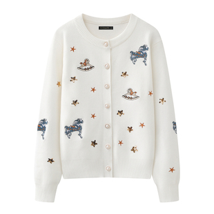 拉夏贝尔/La Chapelle小马刺绣针织开衫女春季新款宽松毛衣上衣