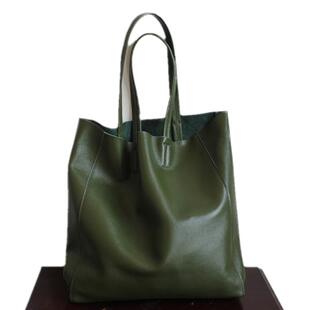 欧美新男女款头层牛皮包大容量包休闲极简约风绿色单肩包托特大包