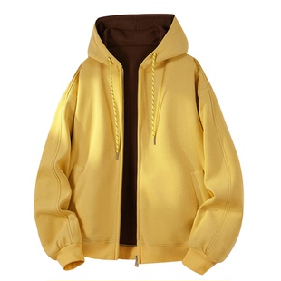 拉夏贝尔美式廓形卫衣开衫秋冬季男女撞色多巴胺连帽外套休闲情侣