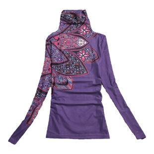 欧洲站2026春季洋气高领打底衫花色网纱长袖t恤时尚修身紫色上衣