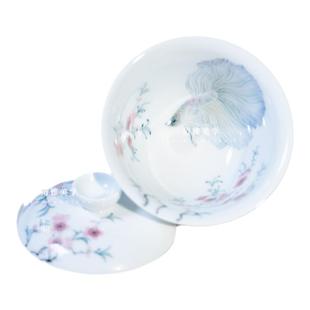 小雅瓷器丨赐闲堂 景德镇釉下彩浪漫手绘兰寿鱼斗鱼 高端盖碗茶杯