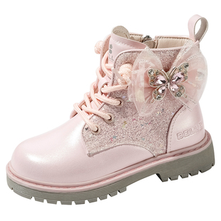 百丽童鞋小女孩公主靴女童马丁靴冬季2025新款加绒保暖时尚短靴子