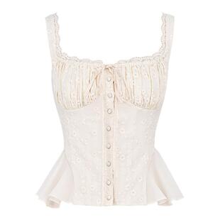 House of CB 优雅复古奶油色英式刺绣荷叶边上衣Jean