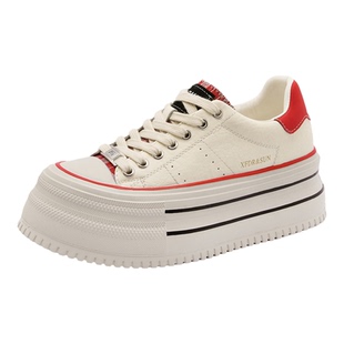 小码33真皮松糕厚底帆布小白鞋女拼色春季新款系带低帮显瘦单鞋34