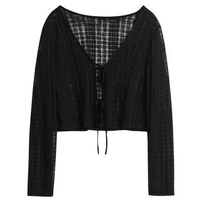 慵懒感纯色V领系带针织开衫女