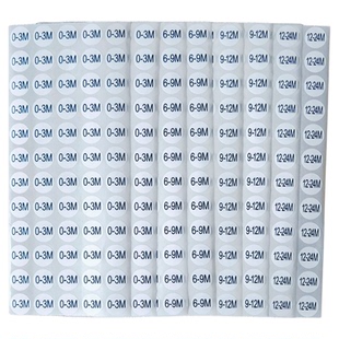 白底黑字圆形婴幼儿服装尺码3M 6M 标签不干胶贴纸任意内容可定制