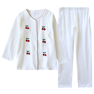 外贸纯棉绉布月子服睡衣女夏季薄款双层纱布刺绣家居服产后哺乳衣