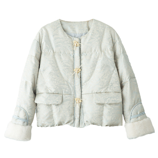 蓝色新中式国风提花轻薄羽绒服女2026冬季新款轻奢高级感短款外套