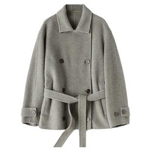 轻奢英伦风羊驼羊毛双面呢翻领大衣百搭双排扣系带外套短款小个子