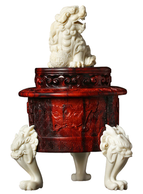 曹堂印度小叶紫檀木瑞狮戏球香炉