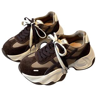 【TFM】增高5CM~咖色老爹鞋女新款复古磨砂皮百搭系带休闲运动鞋