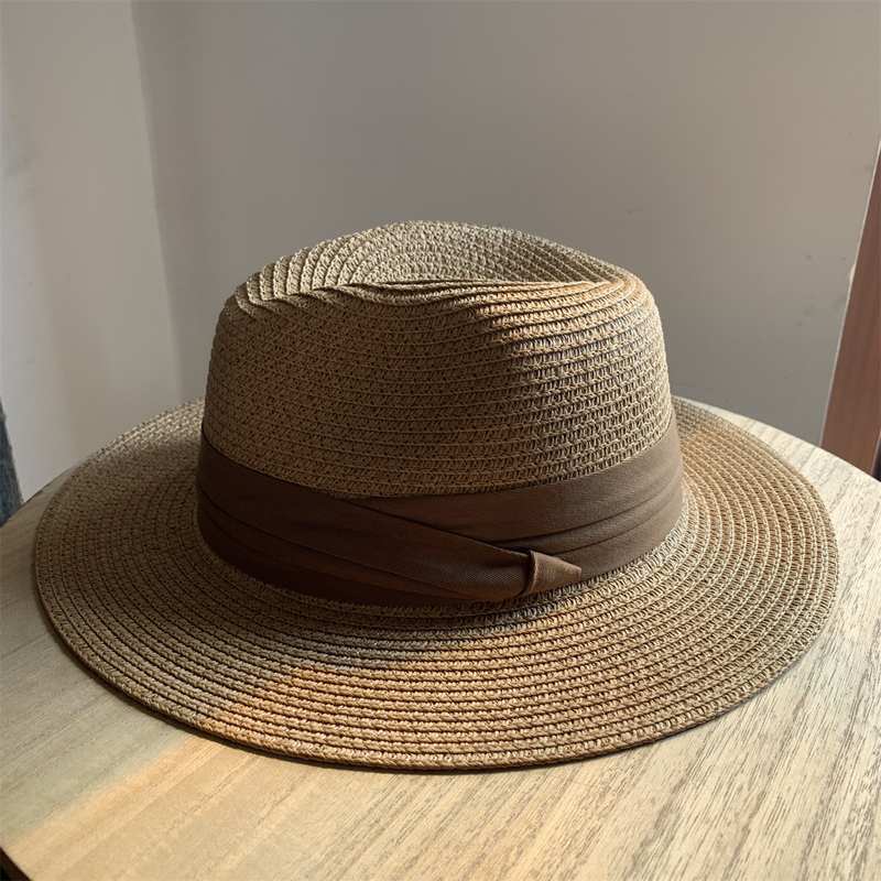 法式复古浅咖啡草编帽夏季遮阳帽沙滩礼帽英伦防晒度假海边草帽女
