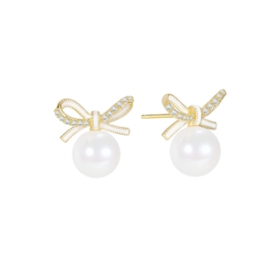 SHINE萱子饰品珍珠蝴蝶结耳饰925银针耳钉女复古耳环生日礼物