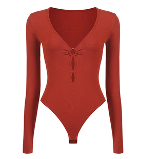 mimi fantasy低胸深V领上衣带胸垫红色辣妹性感连体轻塑身显瘦T恤