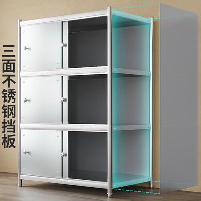 不锈钢置物架带门柜门厨房落地微波炉架子家用收纳橱柜带背板多层