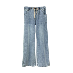 300斤大码女装胖mm2026春季新款松紧腰宽松直筒微喇浅色牛仔裤女