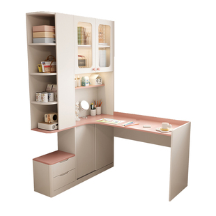 奶油风儿童学习桌家用卧室小户型转角书架书桌一体床头柜组合定制