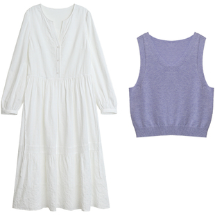 CV大码女装秋新款法式长款白色蛋糕连衣裙叠穿羊毛针织背心女胖mm