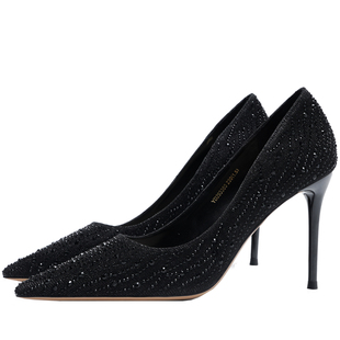 气质高跟鞋女2025新款秋冬水钻网红法式细跟黑色尖头鞋百搭单鞋OL