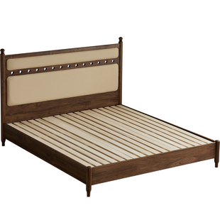 黑胡桃木床主卧法式中古全实木双人床1.8m床复古风带软包高靠背床