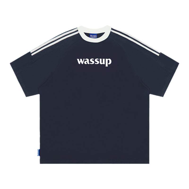 WASSUP运动复古潮牌字母三条杆短袖T恤男女款夏季宽松重磅体恤衫
