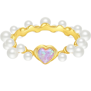 潮宏基小确幸s925银仿珍珠戒指银饰戒圈手饰爱心送女友生日礼物