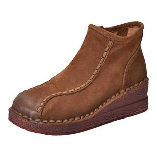 手工缝制妈妈鞋女士圆头厚底坡跟短靴复古民族风休闲舒适牛皮短靴