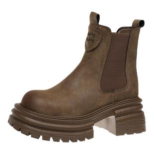 复古擦色烟筒马丁靴女2024新款秋季英伦风厚底增高大头切尔西短靴