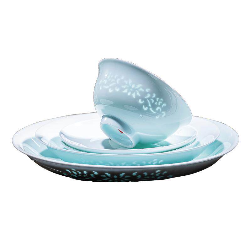 景德镇正品青釉玲珑瓷碗碟盘套装家用釉下彩高端中式餐具乔迁送礼