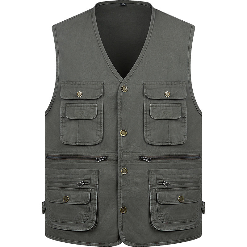 中老年户外春秋多口袋男士摄影纯棉马夹纯棉马甲男式背心记者钓鱼