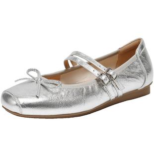 百丽复古银色玛丽珍鞋女2026春季新款真皮软底双条带单鞋子E9J1DA