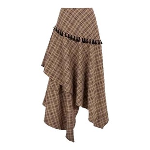 美拉德咖色格子不规则半身裙子女大码显瘦设计感大摆长裙秋季穿搭