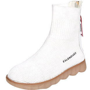 加绒袜子鞋女冬超软底防滑孕妈妈脚宽二棉针织弹力布飞织高帮短靴