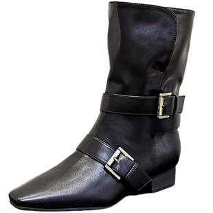 粗跟低跟方头西部牛仔靴女2025秋季新款小众皮带扣短靴炸街骑士靴