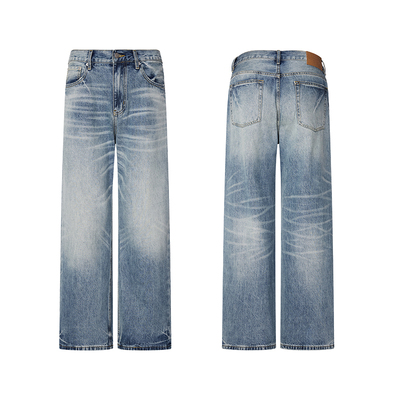 NO LOGO重磅15oz牛王水洗立体猫须蜂窝Cleanfit宽松阔腿牛仔裤男