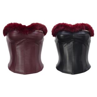 JYOSEI角色新年氛围感辣妹安哥拉红黑毛毛拼接鱼骨pu皮抹胸上衣