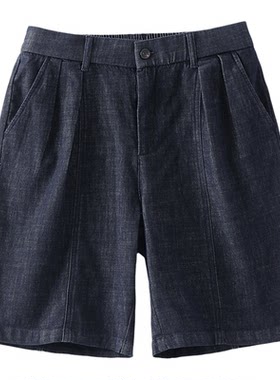 LUUD CityBoy风半松紧腰仿牛仔短裤天丝莱赛尔亚麻混纺直筒中裤男