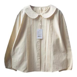 日系软妹风琴压褶宽松文艺娃娃领衬衫长袖女上衣气质百搭纯棉衬衣